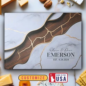 Personalized Glass Cutting & Serving Board White Gold and Wood design Charcuterie Housewarming Wedding Gift Unique Kitchen Decor Marble Tray