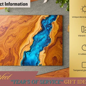 May include: A wooden cutting board with a blue resin inlay. The board has a natural wood grain pattern and a unique decorative process. It features vibrant colors and four rubber dots on the bottom. The board is made of tempered glass material.