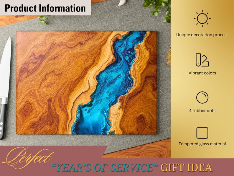 May include: A wooden cutting board with a blue resin inlay. The board has a natural wood grain pattern and a unique decorative process. It features vibrant colors and four rubber dots on the bottom. The board is made of tempered glass material.