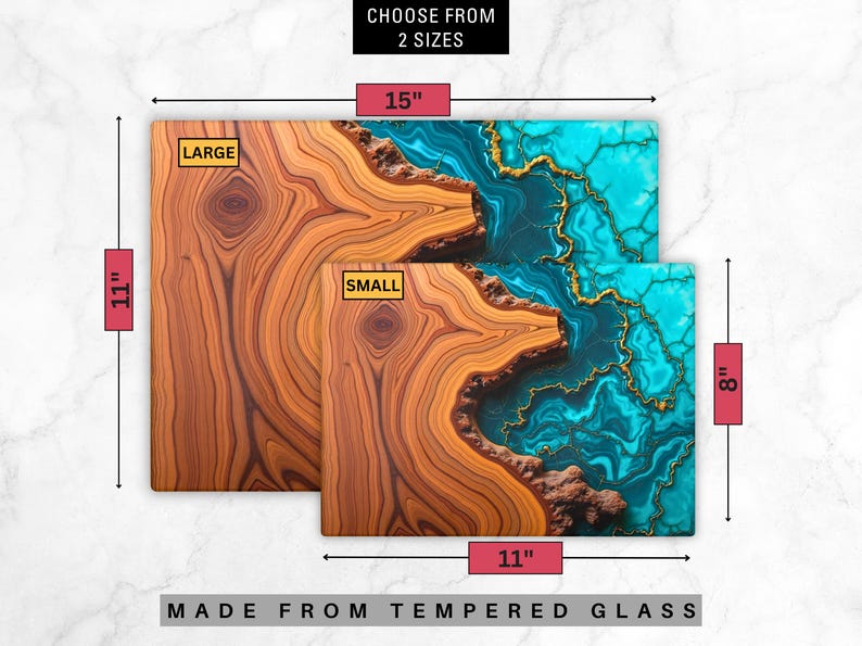 May include: Two cutting boards made of tempered glass. The larger board is 15 inches by 11 inches and features a wood grain pattern. The smaller board is 11 inches by 8 inches and features a blue and gold agate pattern.
