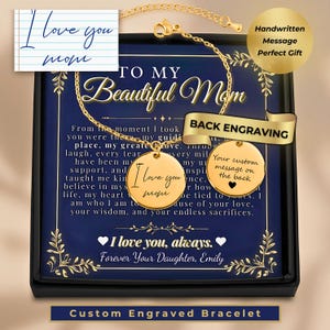 Pulseira de caligrafia personalizada para a mãe, moeda gravada na frente e atrás, presente de joia, cartão de mensagem personalizado, presente de dia das mães ou aniversário