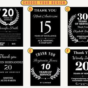 May include: Six different designs for a black and white service award plaque. Each plaque features a laurel wreath, a number of years, and a personalized message. The designs include "20 Years of Service", "15 Years of Excellence", "30 Years of Service", "20 Years of Service", "10 Years of Service", and "20 Years of Service".