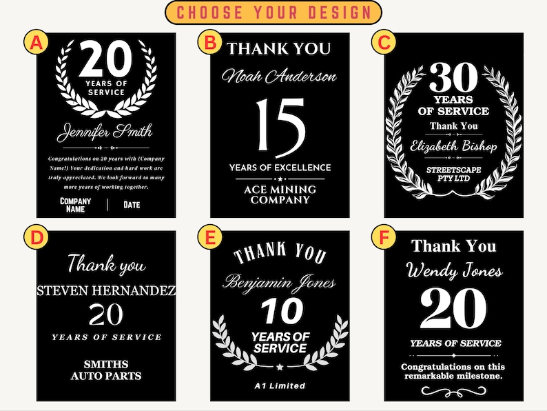 May include: Six different designs for a black and white service award plaque. Each plaque features a laurel wreath, a number of years, and a personalized message. The designs include "20 Years of Service", "15 Years of Excellence", "30 Years of Service", "20 Years of Service", "10 Years of Service", and "20 Years of Service".