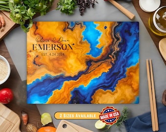 Personalized Glass Cutting Board, Housewarming Ocean Blue Epoxy Resin Olive Wood Style Charcuterie Board, Wedding Kitchen Decor Serving Tray