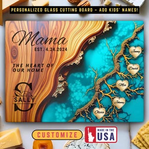 Personalized Glass Cutting Board for Mom – Custom Kids&#39; Names in Gold Hearts, Epoxy Resin Wood Design, Mother’s Day Gift, Charcuterie Tray