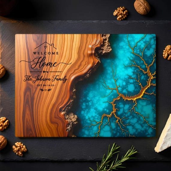 Personalized Glass Cutting Board | Welcome Home Gift, Custom Family Name & Est. Date, Housewarming, Walnut Resin Design, Realtor Closing
