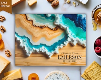 Personalized Ocean Wave Glass Cutting Board, Olive Wood Design Name EST Charcuterie Serving Tray, Wedding & Housewarming Kitchen Decor Gifts