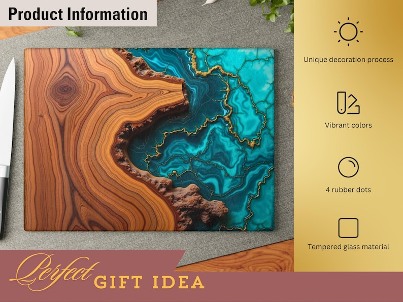 May include: A wooden cutting board with a blue and gold epoxy resin inlay. The board has a unique decoration process, vibrant colors, and is made of tempered glass material.