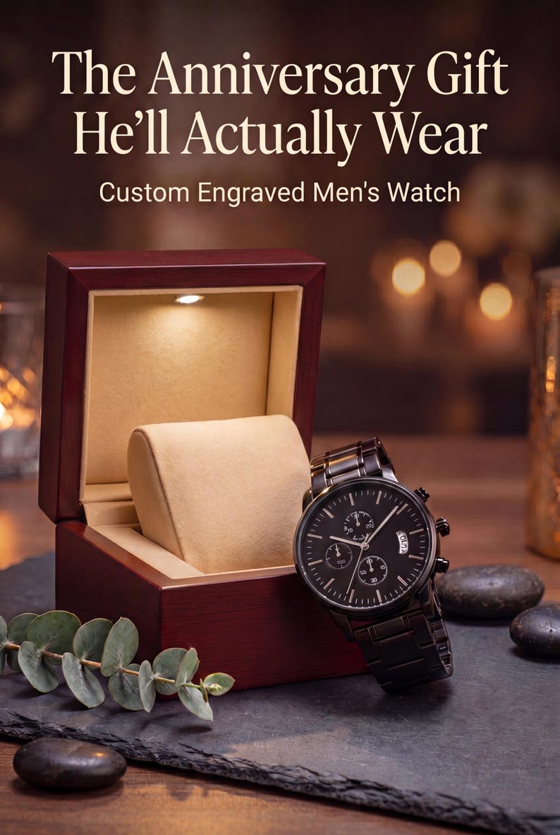 May include: A black metal chronograph watch with a round face and link bracelet, positioned next to an open dark wood presentation box with a beige interior and a small integrated LED light. Text reads: The Anniversary Gift He'll Actually Wear.