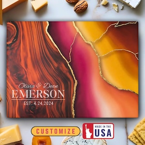 Personalized Glass Cutting Board, Custom Name Est Kitchen Decor Gift, Wood Resin Style Cheese Tray, Wedding, Housewarming, Mother&#39;s Day Gift