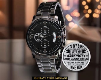 Personalized To My Son/Grandson Engraved Watch Gift from Mom Dad, Custom Birthday Graduation Wedding Deployment Gifts For Men from Parents