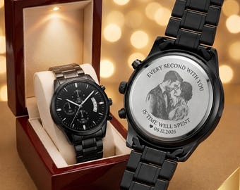 Photo Engraved Watch for Men, Personalized Picture Watch, Custom Photo Gift, Anniversary Gift for Husband, Boyfriend & Memorial Keepsake