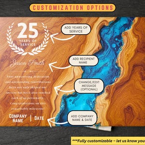 May include: A wooden cutting board with a blue and brown marbled design. The board features a customizable message that says "25 Years of Service" with a laurel wreath, a recipient name, and a company name and date. The text "Fully customizable - let us know your request!" is at the bottom of the board.