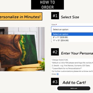 Puede incluir: Una tabla de cortar de madera con un dise&ntilde;o de resina verde y dorada. La imagen incluye instrucciones sobre c&oacute;mo realizar el pedido, incluida la selecci&oacute;n de tama&ntilde;o y las opciones de personalizaci&oacute;n. El texto dice "&iexcl;Personaliza en minutos!"