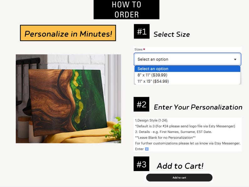 Puede incluir: Una tabla de cortar de madera con un dise&ntilde;o de resina verde y dorada. La imagen incluye instrucciones sobre c&oacute;mo realizar el pedido, incluida la selecci&oacute;n de tama&ntilde;o y las opciones de personalizaci&oacute;n. El texto dice "&iexcl;Personaliza en minutos!"