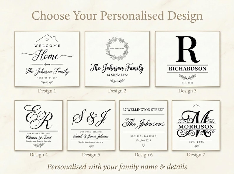 May include: A selection of personalized design options for home decor. Each design features a white background with black text, including family names, addresses, and established dates. Designs include a house, wreath, initial, and mountain.