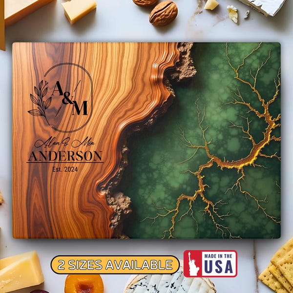 Personalized Glass Cutting Board, Monogram Wedding Gift for Couples, Resin Style Charcuterie Tray, Name & Date Anniversary Housewarming Gift