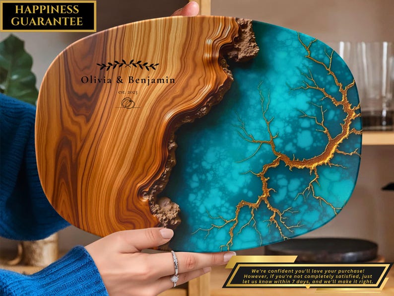 May include: A wooden serving tray with a turquoise and gold resin inlay. The tray is engraved with the text "Olivia & Benjamin est. 2021".