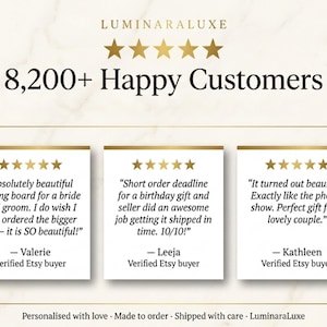 May include: Cream-colored graphic with the text "LUMINARALUXE" and "8,200+ Happy Customers." Below are three customer reviews with five-star ratings. The bottom of the graphic reads "Personalised with love - Made to order - Shipped with care - LuminaraLuxe."