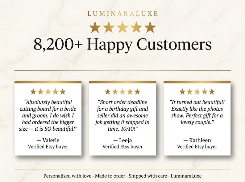 May include: Cream-colored graphic with the text "LUMINARALUXE" and "8,200+ Happy Customers." Below are three customer reviews with five-star ratings. The bottom of the graphic reads "Personalised with love - Made to order - Shipped with care - LuminaraLuxe."