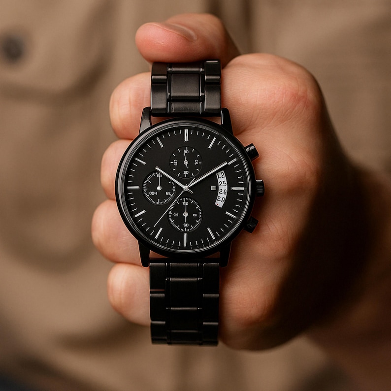 May include: A black chronograph wristwatch with a matching black metal link band. The watch features a round black dial with white hour markers, three sub-dials, and a vertical date display window on the right side. The case includes three side buttons.