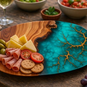 May include: A wooden serving board with a teal and gold epoxy resin inlay. The board is filled with cheese, salami, crackers, olives, and tomatoes.