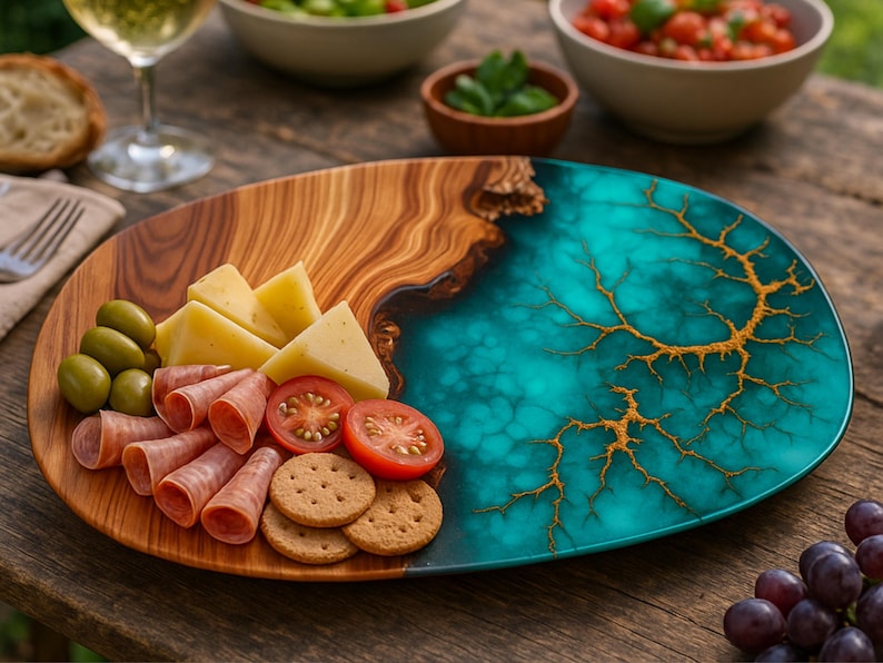 May include: A wooden serving board with a teal and gold epoxy resin inlay. The board is filled with cheese, salami, crackers, olives, and tomatoes.