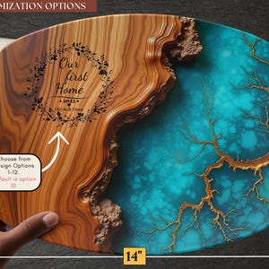 May include: A 10" by 14" wooden serving tray with a blue and gold resin inlay. The tray features a wood-burned design with the text "Our first home 2022 Olivia & Dean".