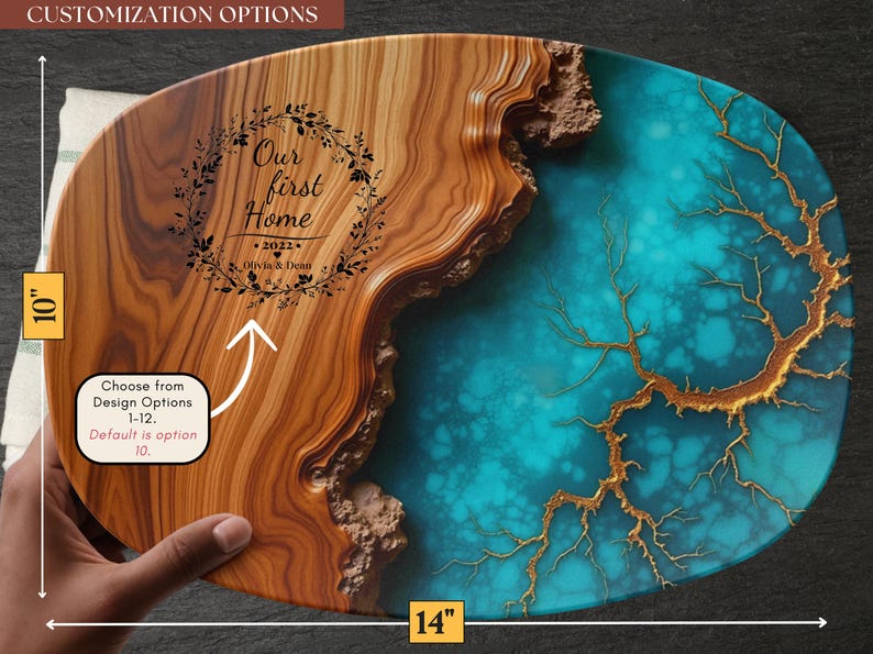 May include: A 10" by 14" wooden serving tray with a blue and gold resin inlay. The tray features a wood-burned design with the text "Our first home 2022 Olivia & Dean".