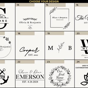 Puede incluir: Una colecci&oacute;n de opciones de dise&ntilde;o para art&iacute;culos personalizados. Los dise&ntilde;os incluyen monogramas, nombres y fechas, con elementos florales y n&aacute;uticos. El texto incluye "STONE", "Olivia & Benjamin", "The Wilsons", "Cooper", "WILLIS", "SMITH", "EMERSON", y "Our first Home".