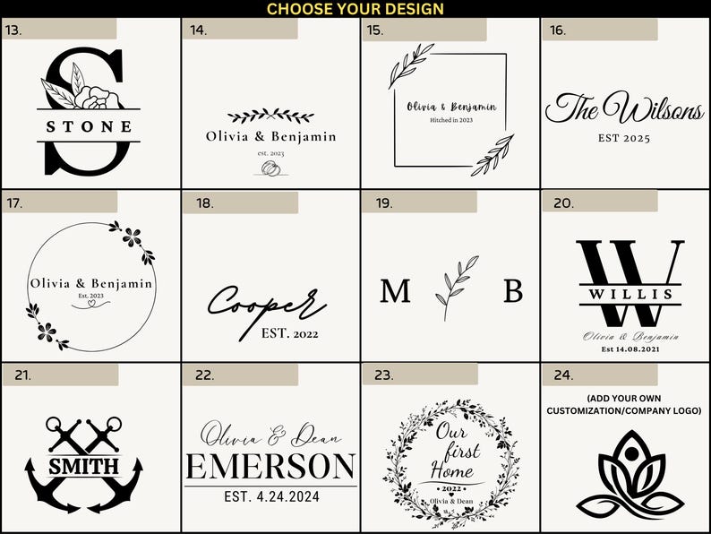 Puede incluir: Una colecci&oacute;n de opciones de dise&ntilde;o para art&iacute;culos personalizados. Los dise&ntilde;os incluyen monogramas, nombres y fechas, con elementos florales y n&aacute;uticos. El texto incluye "STONE", "Olivia & Benjamin", "The Wilsons", "Cooper", "WILLIS", "SMITH", "EMERSON", y "Our first Home".