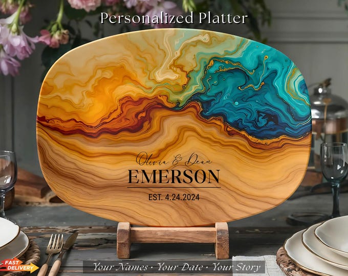 Personalized Resin Serving Platter, Custom Name Tray, Epoxy Olive Wood Style Plate, Wedding Gift, Housewarming Decor, Realtor Closing Gifts