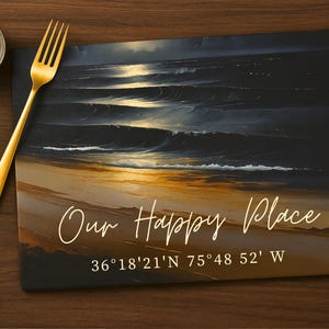 Custom Coordinates Glass Cutting Board, Our Happy Place Ocean Design, Personalized Coastal Home Decor, Beach Housewarming Anniversary Gifts