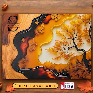 May include: Rectangular art piece with a fall theme. The design features a tree with golden leaves, a dark river-like element, and the text "STONE". The piece is set against a wooden background, with pumpkins and leaves.
