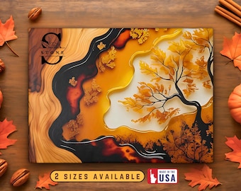 Personalized Pumpkin Resin Fall Glass Cutting Board, Custom Thanksgiving Hostess & Autumn Tree Kitchen Decor Gift, New Home Charcuterie Tray