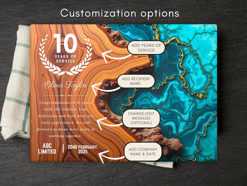 May include: A wooden plaque with a blue and gold marbled design. The plaque features a white circle with the text "10 Years of Service" and a laurel wreath. The text "Olivia Taylor" is also included. The plaque is customizable with options to add years of service, recipient name, a message, and company name and date.