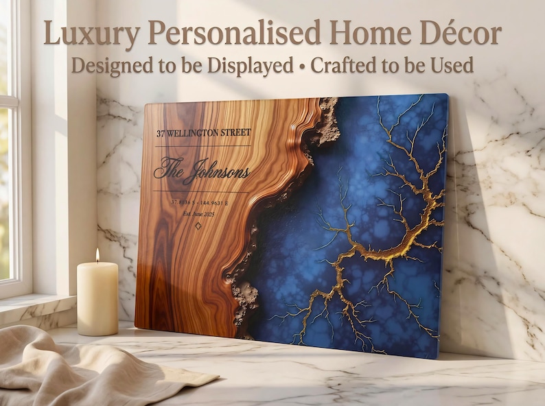May include: Personalized home decor sign with a wood and blue resin design. The sign includes the text "37 WELLINGTON STREET" and "The Johnsons". The sign is designed to be displayed and crafted to be used.