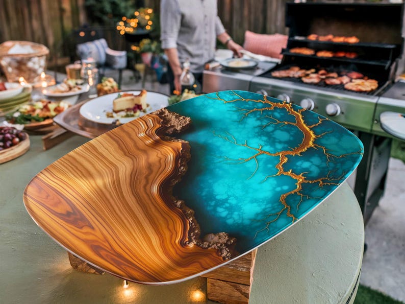 May include: A large, oval serving tray made of wood and resin. The tray has a natural wood finish on one side and a blue and gold resin finish on the other side. The resin has a swirling pattern that resembles water.