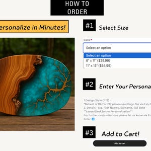 May include: A turquoise and gold resin serving tray with a wood base. The tray is available in two sizes: 8 inches by 11 inches or 11 inches by 15 inches. The tray can be personalized with a design style, names, and a date.