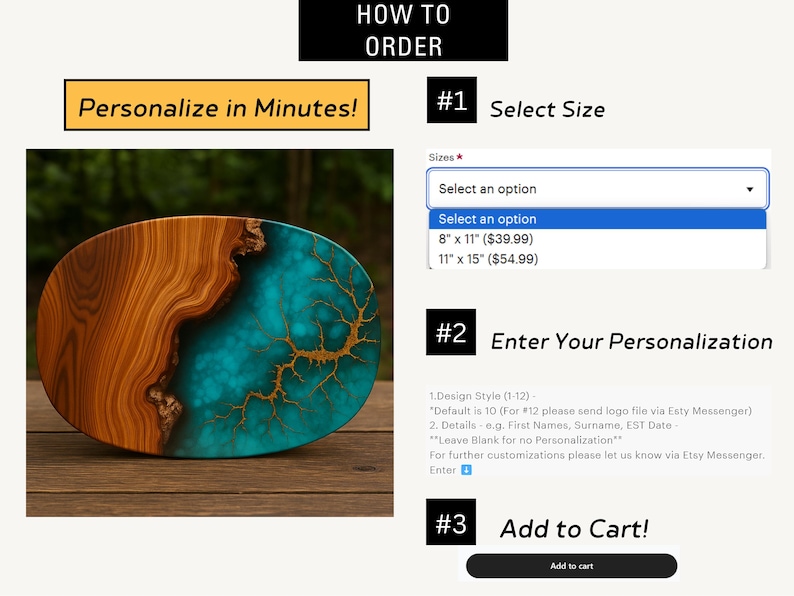 May include: A turquoise and gold resin serving tray with a wood base. The tray is available in two sizes: 8 inches by 11 inches or 11 inches by 15 inches. The tray can be personalized with a design style, names, and a date.