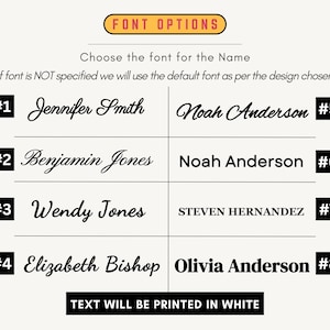 May include: A graphic showing eight different font options for a name. The text "FONT OPTIONS" is in a yellow box. The text "Choose the font for the Name" is below the yellow box. The text "If font is NOT specified we will use the default font as per the design chosen" is below the previous text. The names are numbered 1 through 8. The names are: Jennifer Smith, Noah Anderson, Benjamin Jones, Noah Anderson, Wendy Jones, STEVEN HERNANDEZ, Elizabeth Bishop, Olivia Anderson. The text "TEXT WILL BE PRINTED IN WHITE" is at the bottom of the graphic.