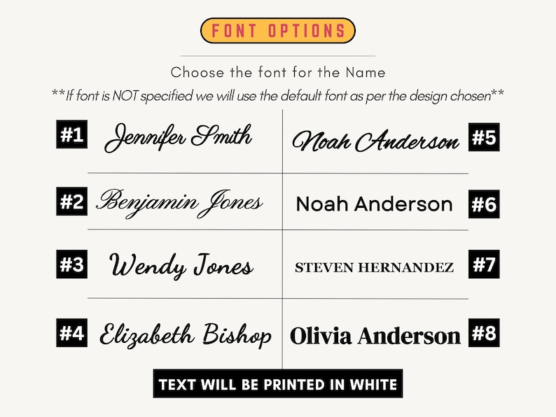 May include: A graphic showing eight different font options for a name. The text "FONT OPTIONS" is in a yellow box. The text "Choose the font for the Name" is below the yellow box. The text "If font is NOT specified we will use the default font as per the design chosen" is below the previous text. The names are numbered 1 through 8. The names are: Jennifer Smith, Noah Anderson, Benjamin Jones, Noah Anderson, Wendy Jones, STEVEN HERNANDEZ, Elizabeth Bishop, Olivia Anderson. The text "TEXT WILL BE PRINTED IN WHITE" is at the bottom of the graphic.