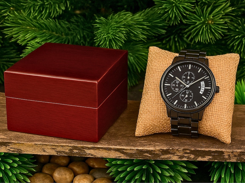May include: A black chronograph wristwatch with a metal link band displayed on a tan burlap pillow next to a dark red wooden box. The watch face features white hour markers, three sub-dials, and a date window positioned at the three o'clock mark.