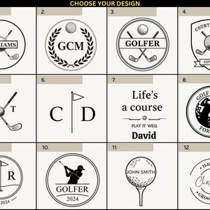 Puede incluir: Una colecci&oacute;n de doce dise&ntilde;os con tem&aacute;tica de golf en un esquema de color beige. Los dise&ntilde;os incluyen pelotas de golf, palos de golf cruzados y texto como "GOLFER" y "COUNTRY CLUB". Algunos dise&ntilde;os presentan nombres y fechas.