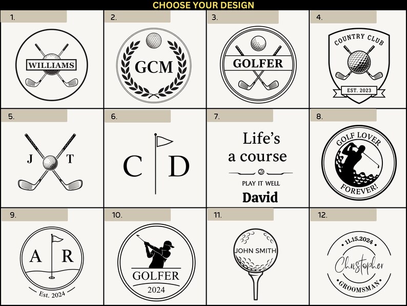 Puede incluir: Una colecci&oacute;n de doce dise&ntilde;os con tem&aacute;tica de golf en un esquema de color beige. Los dise&ntilde;os incluyen pelotas de golf, palos de golf cruzados y texto como "GOLFER" y "COUNTRY CLUB". Algunos dise&ntilde;os presentan nombres y fechas.