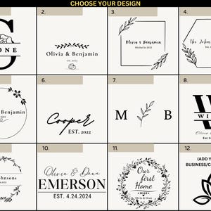 May include: Twelve different design options for a personalized wooden sign. The designs include a variety of fonts, floral elements, and text such as "Olivia & Benjamin", "The Johnson Family", "Cooper", "Emerson", and "Our First Home".