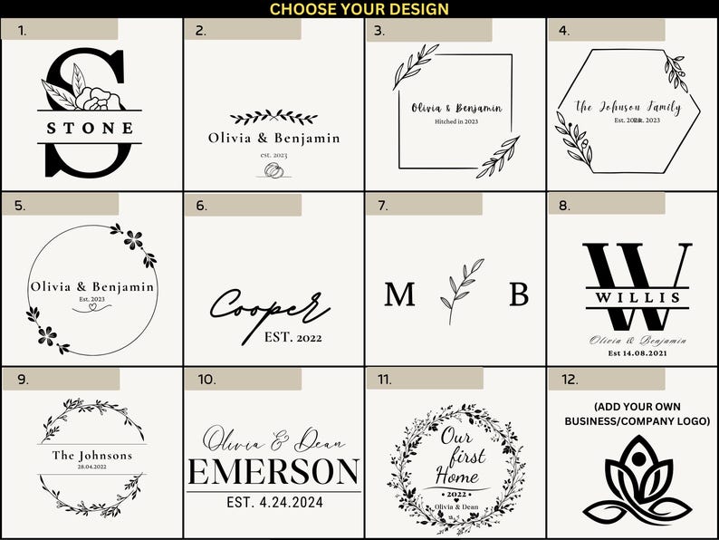 May include: Twelve different design options for a personalized wooden sign. The designs include a variety of fonts, floral elements, and text such as "Olivia & Benjamin", "The Johnson Family", "Cooper", "Emerson", and "Our First Home".