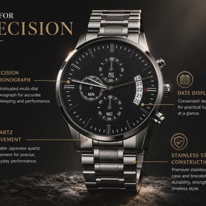 May include: A silver-toned stainless steel chronograph watch with a black dial, featuring three sub-dials and a date window. The text BUILT FOR PRECISION, PRECISION CHRONOGRAPH, DATE DISPLAY, QUARTZ MOVEMENT, and STAINLESS STEEL CONSTRUCTION is visible.