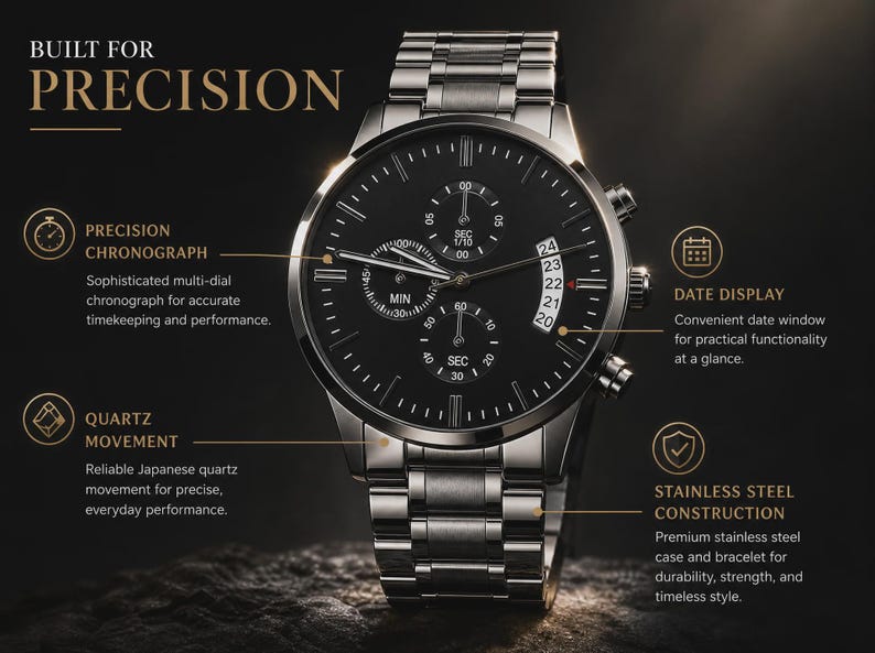 May include: A silver-toned stainless steel chronograph watch with a black dial, featuring three sub-dials and a date window. The text BUILT FOR PRECISION, PRECISION CHRONOGRAPH, DATE DISPLAY, QUARTZ MOVEMENT, and STAINLESS STEEL CONSTRUCTION is visible.