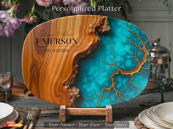 Personalized Platter with Name, Custom Serving Tray, Epoxy Style Wedding Gift, Housewarming Charcuterie Board, Anniversary Gift for Couple